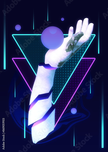 3D White marble female hand statue vaporwave. White marble sculpture of an elegant young female hand vaporwave. High detail 3D render of the white marble female hand sculpture, 3D Illustration.