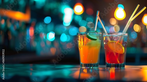 Cocktail drinks served in glasses with drinking straws on top counter bar : Generative AI