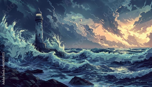 Dramatic seascape with strong waves crashing against a lighthouse during a stormy sunset, showcasing nature's power and beauty. photo