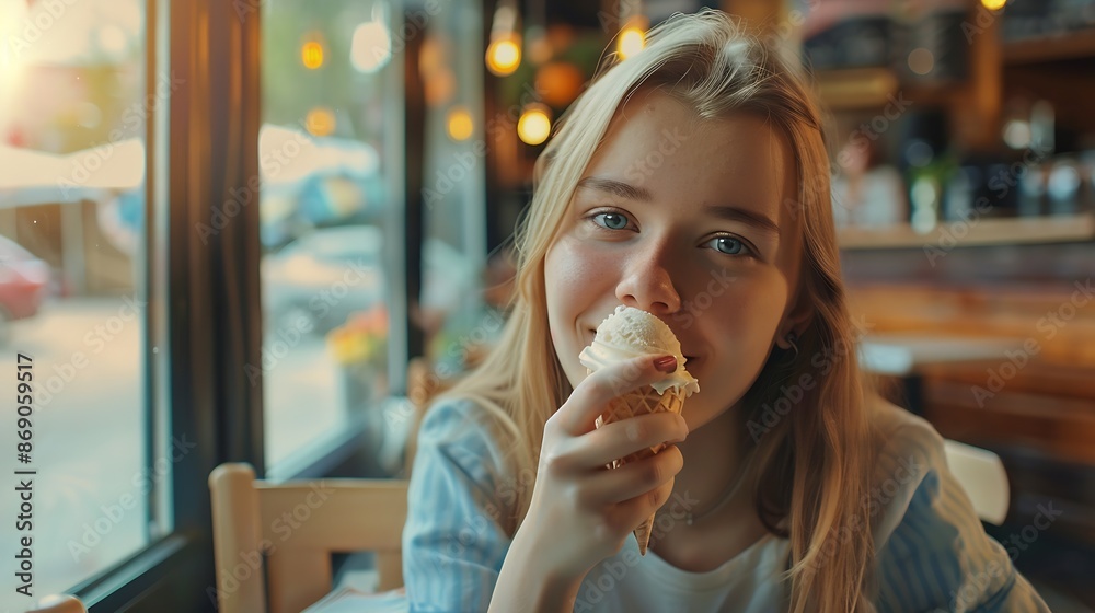 Portrait of a caucasian girl eating ice cream in a cafe : Generative AI Portrait of a caucasian girl eating ice cream in a cafe : Generative AI