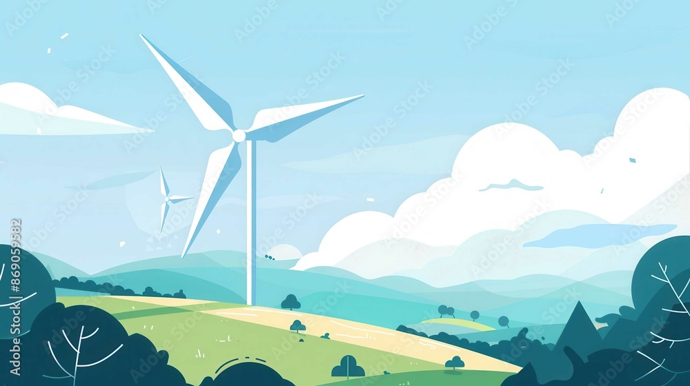 Fototapeta premium Illustration of wind turbines on a lush green hill under a clear blue sky, representing renewable energy and sustainable living.