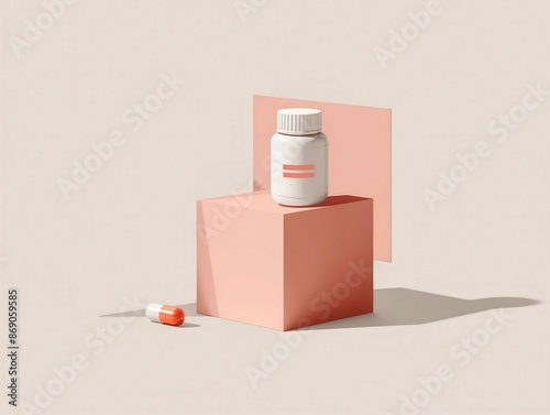 Minimalistic still life of a medicine bottle and capsule on pink blocks, featuring clean modern design and pastel colors. photo