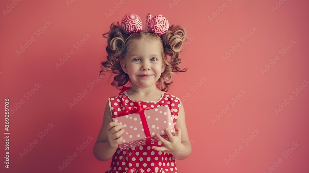A funny little fashionista girl emotionally poses in an elegant polkadot dress with curlers on her head and with a gift box in her hands Pinup style Childrens fashion : Generative AI A funny little fashionista girl emotionally poses in an elegant polkadot dress with curlers on her head and with a gift box in her hands Pinup style Childrens fashion : Generative AI