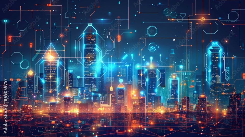 Fototapeta premium Futuristic Cityscape with Digital Network Overlay, Illuminated Skyscrapers, and Glowing Neon Lights Representing Advanced Technology and Urban Innovation