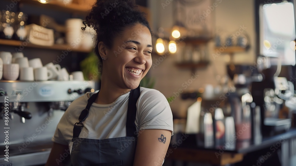 Young biracial woman smiles joyfully in a cafe setting her apron suggests she may be a barista or a small business owner at work : Generative AI Young biracial woman smiles joyfully in a cafe setting her apron suggests she may be a barista or a small business owner at work : Generative AI