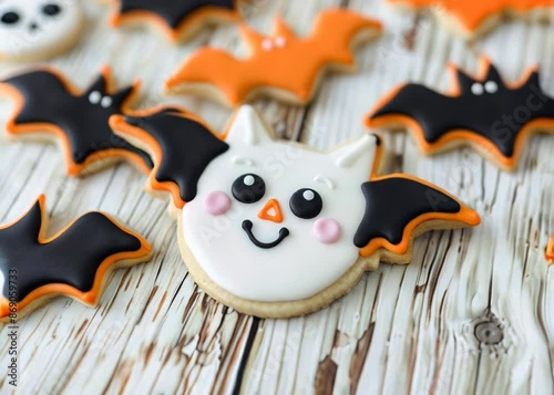 Halloween white, orange and black cookies look like bats on white wooden background.