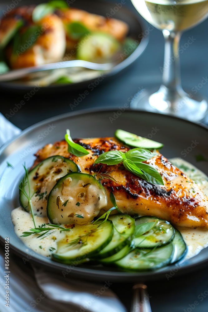 A plate of chicken with cucumbers and sauce. A plate of chicken with cucumbers and sauce.