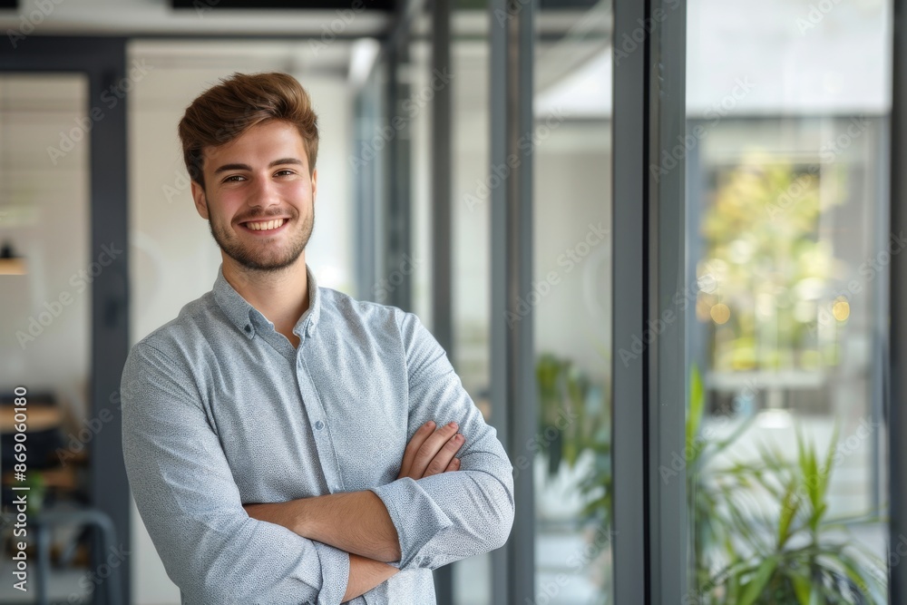 portrait of young male executive standing with crossed arms dressed in casual clothing portrait of young male executive standing with crossed arms dressed in casual clothing