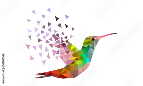 Colorful flying hummingbird made of triangular shapes with scattered wing