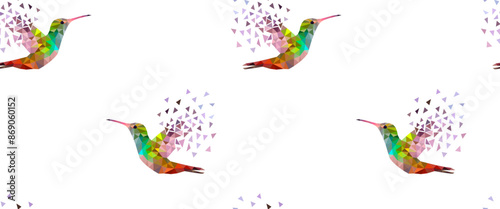 Seamless pattern with colorful flying hummingbirds made of triangular shapes with scattered wing