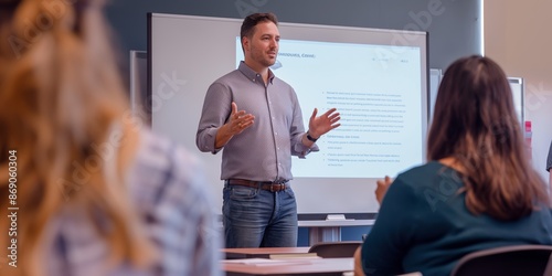 An individual stands in front of a classroom, energetically conveying information using a presentation on a whiteboard, illustrating a dynamic and engaging teaching experience.