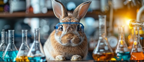 A rabbit wearing safety goggles surrounded by colorful laboratory glassware, blending science and cute animal themes. © nattapon98