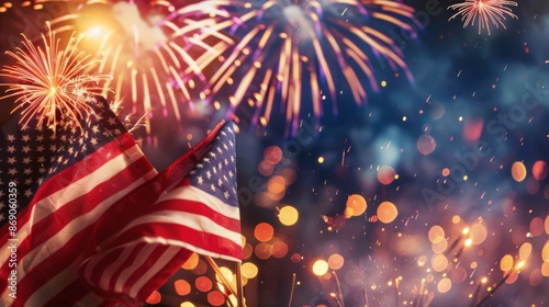 Celebration of US independence day with flags at night by setting off fireworks