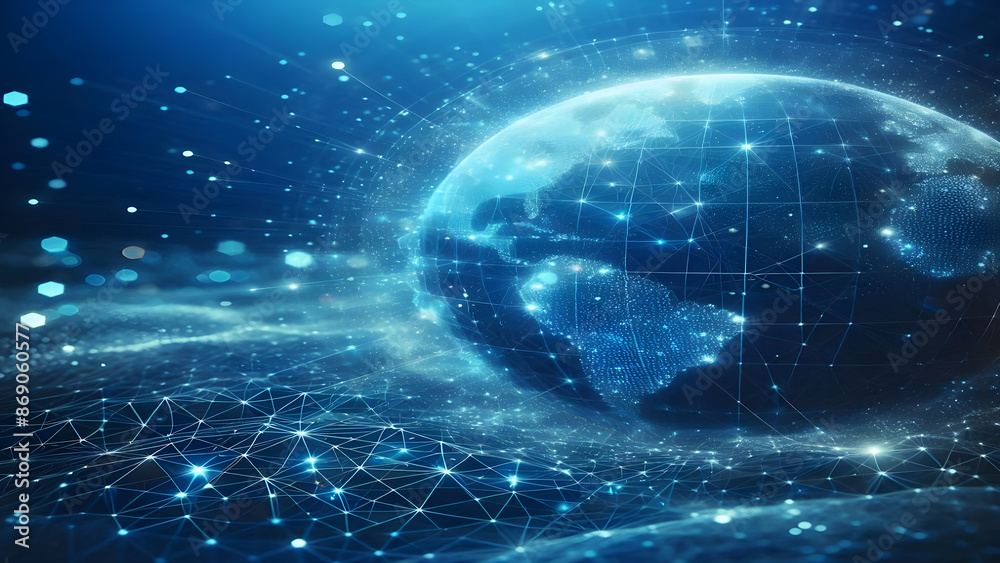 Fototapeta premium Blue abstract background with network grid and particles