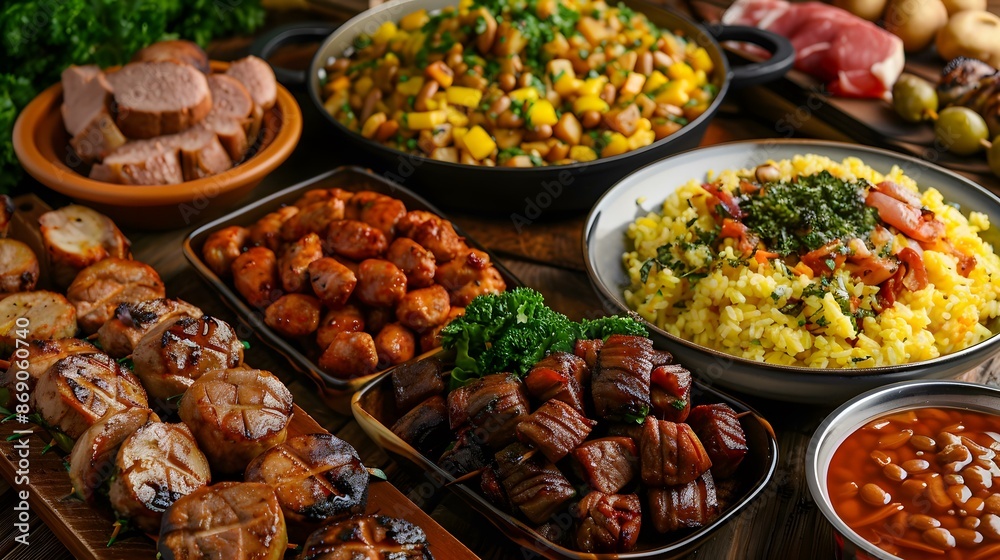 Obraz premium Grilled Sausage and Meat With Side Dishes on Table