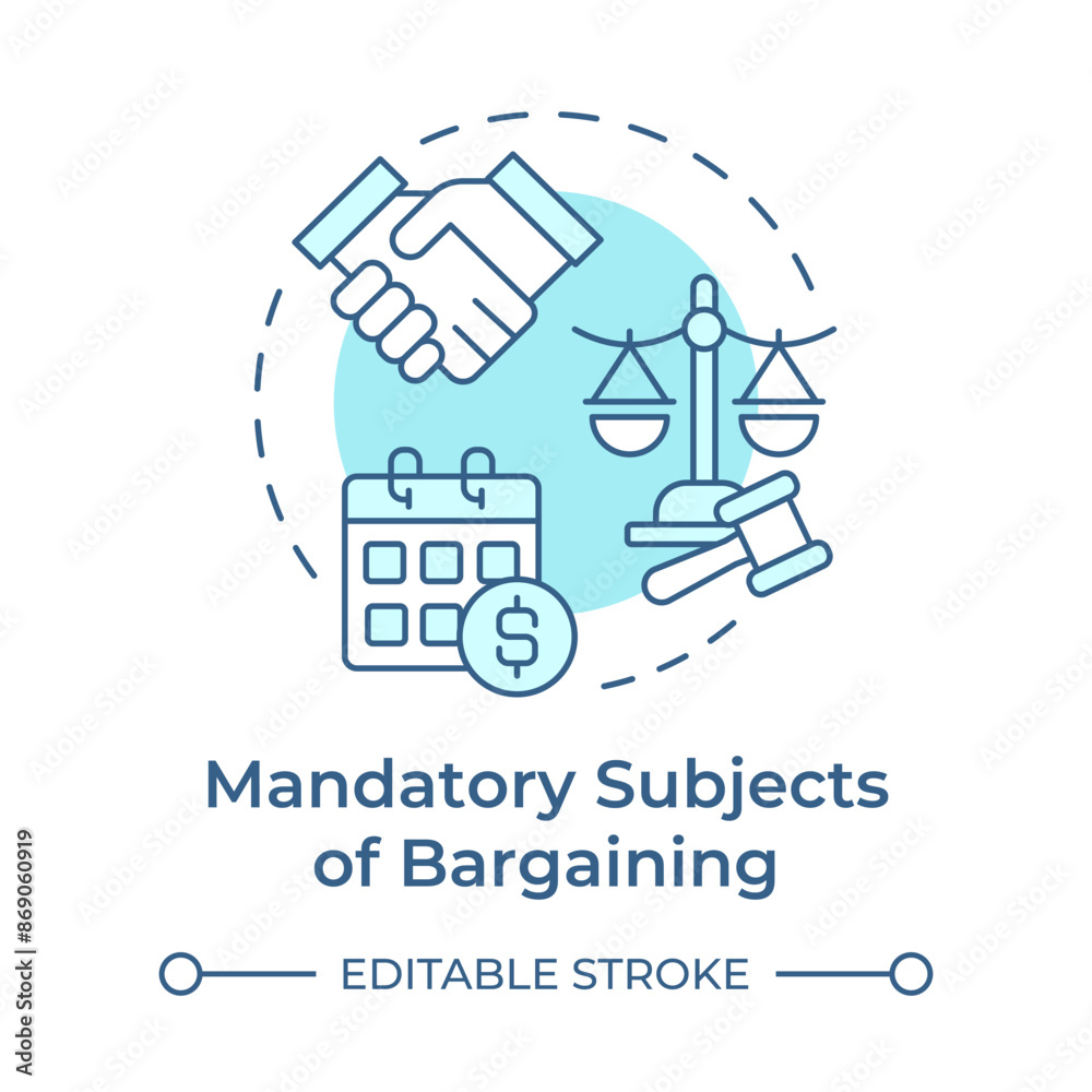 Mandatory subjects of bargaining soft blue concept icon. Organized labor, monthly pay. Round shape line illustration. Abstract idea. Graphic design. Easy to use in infographic, presentation Mandatory subjects of bargaining soft blue concept icon. Organized labor, monthly pay. Round shape line illustration. Abstract idea. Graphic design. Easy to use in infographic, presentation