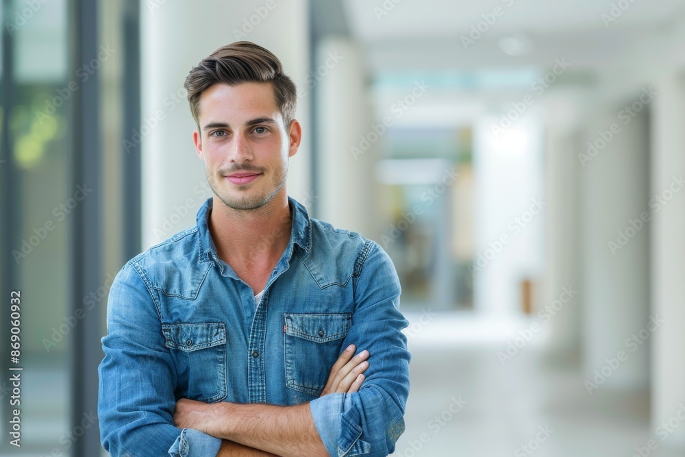 portrait of young male executive standing with crossed arms dressed in casual clothing