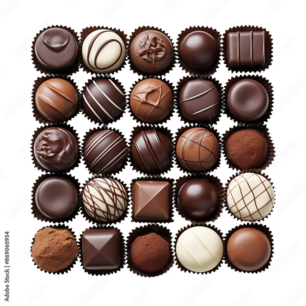 Assorted Gourmet Chocolates on transparent Background in Grid Formation Assorted Gourmet Chocolates on transparent Background in Grid Formation