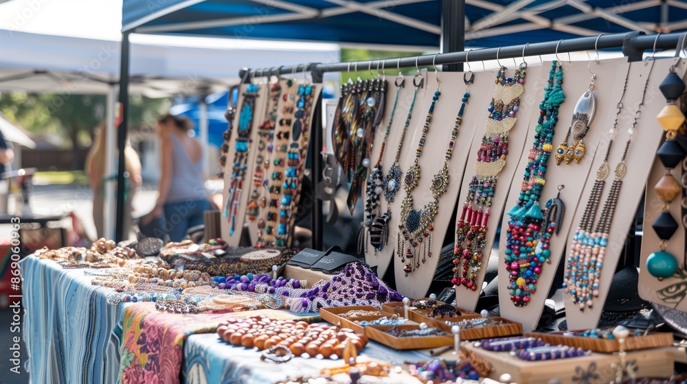Local artisans are showcasing handcrafted jewelry and unique wearables at a bustling street market.
