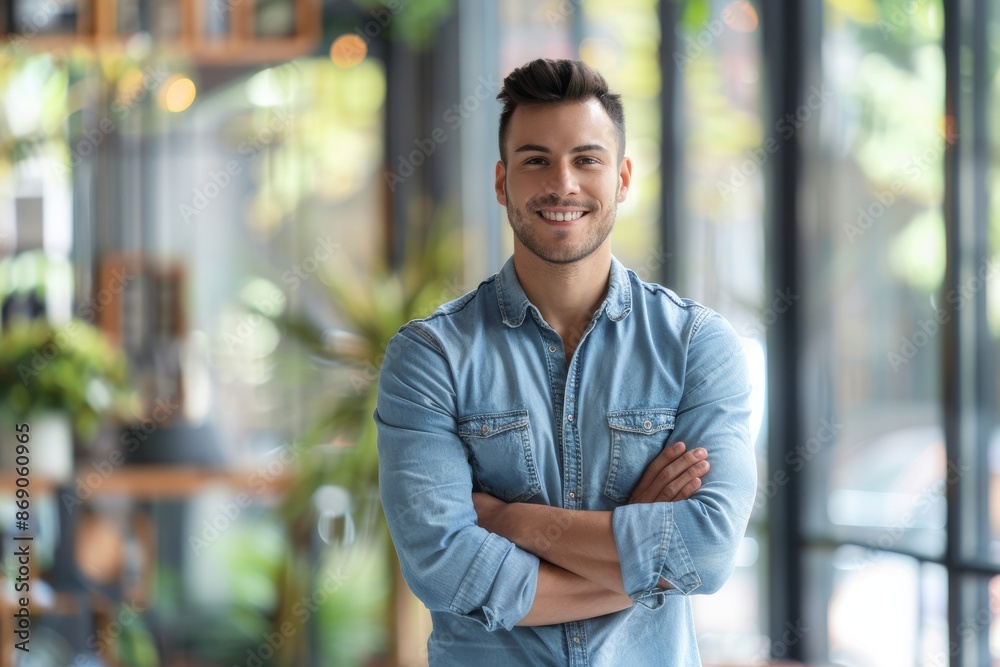 Obraz premium portrait of young male executive standing with crossed arms dressed in casual clothing
