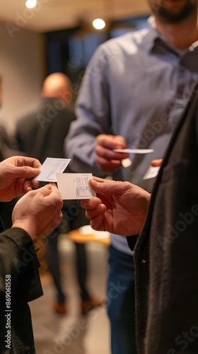 Professional networking event with people exchanging business cards., clean background, Photo stock style, clean background, no copyrighted logo, no letters