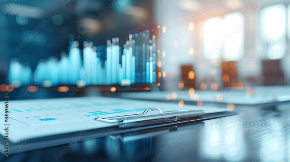Abstract financial chart with blurred background, focusing on paper documents and futuristic data presentation in a modern office setting. Abstract financial chart with blurred background, focusing on paper documents and futuristic data presentation in a modern office setting.