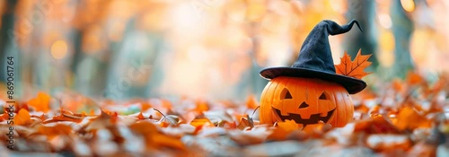 A pumpkin with a black hat on top of it is sitting in a pile of orange leaves. The pumpkin is surrounded by leaves of different sizes and colors, creating a festive and autumnal atmosphere