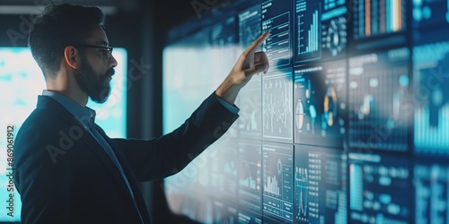 A professional in a suit points at the data on a large digital display screen, analyzing and interpreting various data and graphs for business insights and decisions. photo
