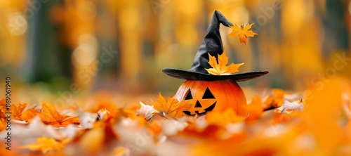 A pumpkin with a black hat on top of it is sitting in a pile of orange leaves. The pumpkin is surrounded by leaves of different sizes and colors, creating a festive and autumnal atmosphere