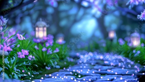 A whimsical forest path illuminated by glowing lanterns, leading to an enchanted fairy tale world filled with magical creatures and vibrant flowers.