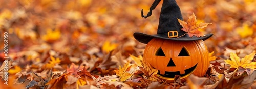 A pumpkin with a black hat on top of it is sitting in a pile of orange leaves. The pumpkin is surrounded by leaves of different sizes and colors, creating a festive and autumnal atmosphere