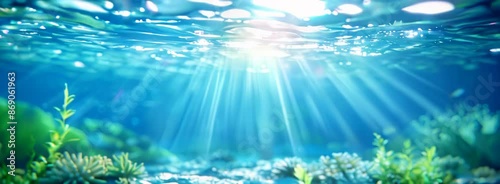Underwater scene with rays of sunlight shining through the water, creating an ethereal and serene atmosphere.