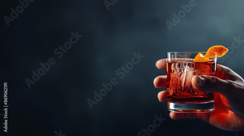 Negroni cocktail on the hand served in a classic oldfashioned glass garnished with a large ice cube and a citrus slice on dark background : Generative AI photo