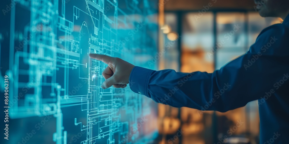 An engineer in a modern office analyzes complex technical diagrams on a large digital display, employing precision and advanced technology to solve intricate engineering challenges. An engineer in a modern office analyzes complex technical diagrams on a large digital display, employing precision and advanced technology to solve intricate engineering challenges.