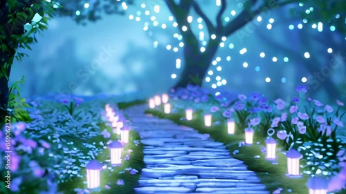 A whimsical forest path illuminated by glowing lanterns, leading to an enchanted fairy tale world filled with magical creatures and vibrant flowers.