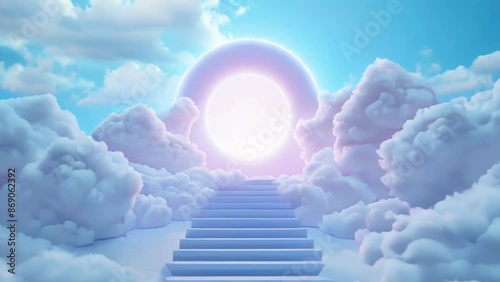 A fantasy style background of clouds with an open door at the top leading to heaven, and stairs in front going up into it. A view from above looking down on them.