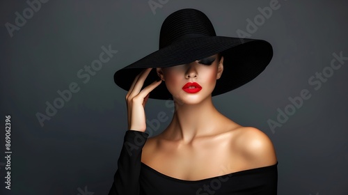 Fashion Woman in Black Wide brim Hat with Red Lips Makeup Mysterious Elegant Lady Portrait over Gray Beautiful Model with Perfect Make up and Hands Manicure : Generative AI