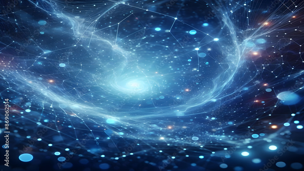 Fototapeta premium Blue abstract background with network grid and particles