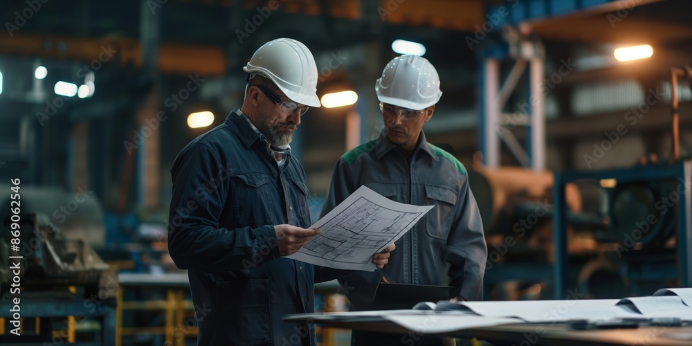 Two engineers in hard hats review a blueprint on a factory floor, emphasizing collaboration, precision, and thorough planning in an industrial environment. Two engineers in hard hats review a blueprint on a factory floor, emphasizing collaboration, precision, and thorough planning in an industrial environment.