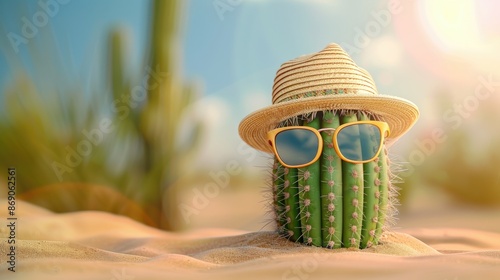 Cactus Wearing Straw Hat and Sunglasses. Generative AI