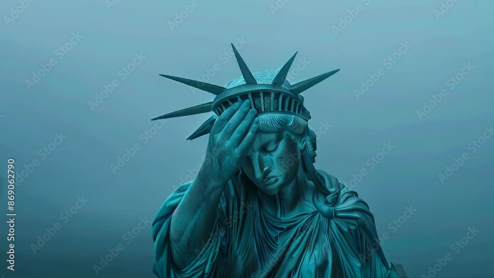 Liberty with her head in hands, crying. Blue foggy background.