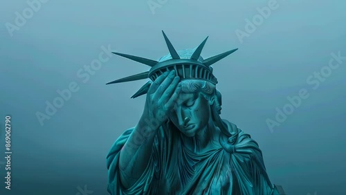 Liberty with her head in hands, crying. Blue foggy background.