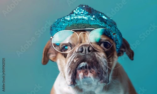 Bulldog wearing a blue sequin hat and glasses. National Hat Day