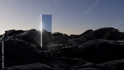 Fototapeta Naklejka Na Ścianę i Meble -  3d illustration Mirror on volcanic landscape at night in desert