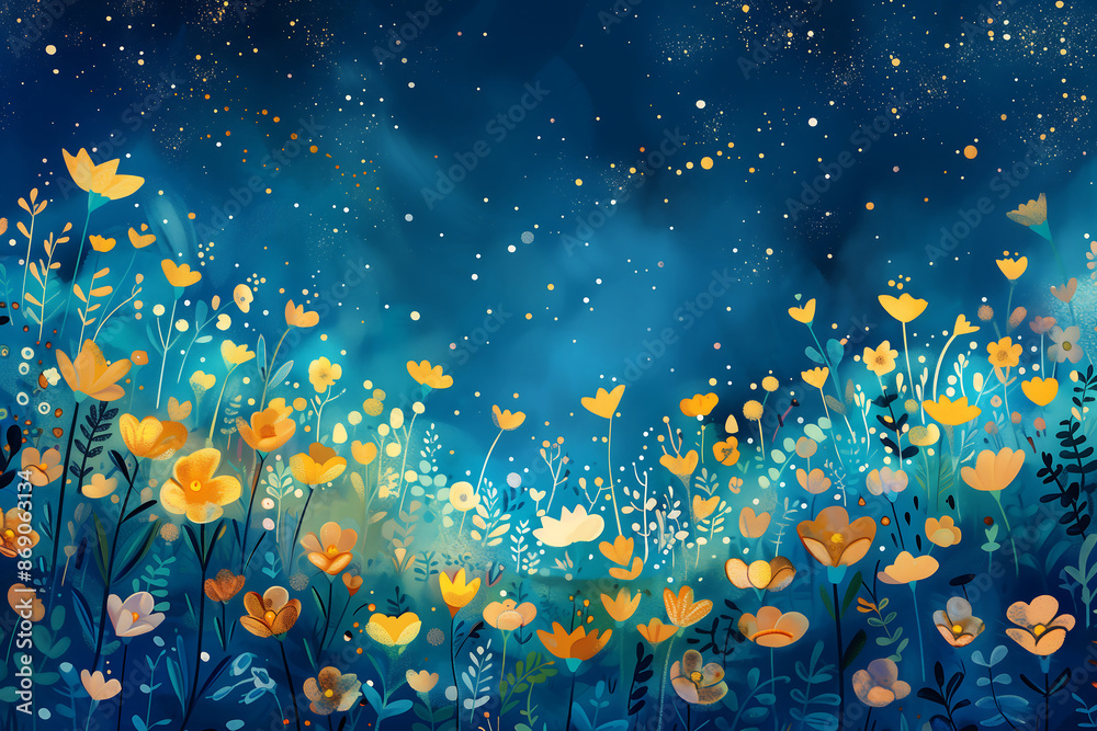 A whimsical illustration of colorful flowers blooming in the night sky, vibrant colors and playful, creating an enchanting garden filled with stars and moonlight. A whimsical illustration of colorful flowers blooming in the night sky, vibrant colors and playful, creating an enchanting garden filled with stars and moonlight.