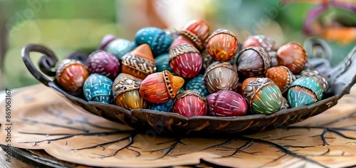A bowl filled with painted acorns, each one in different colors and sizes.