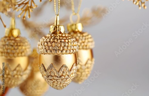 Gold Acorns Christmas Decorations, gold painted acorn ornaments in the white background.