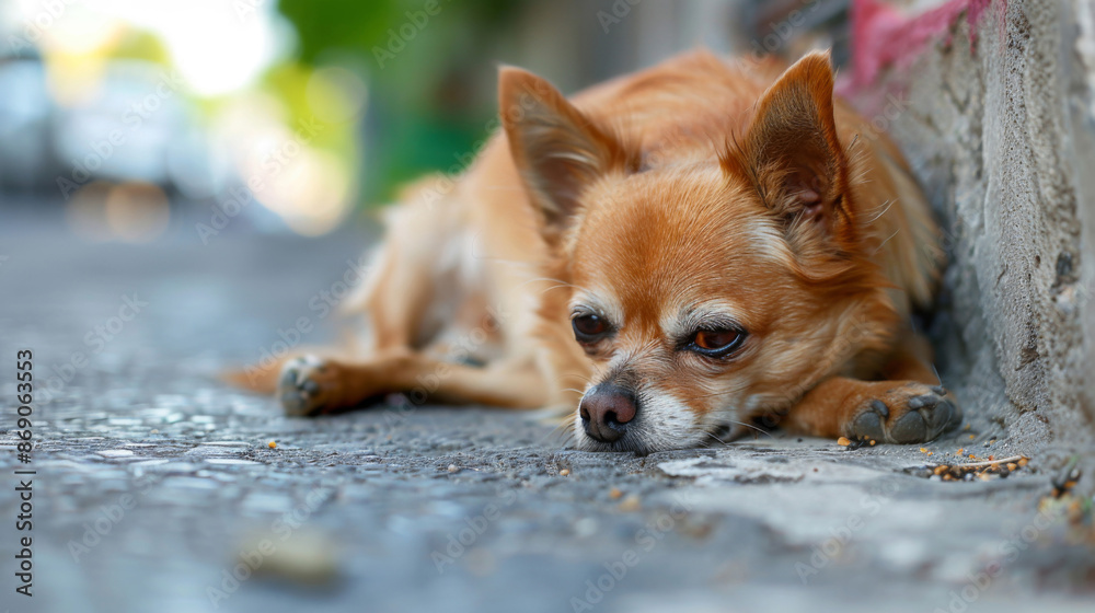 A small stray chihuahua dog lays on the ground, looking sad A small stray chihuahua dog lays on the ground, looking sad