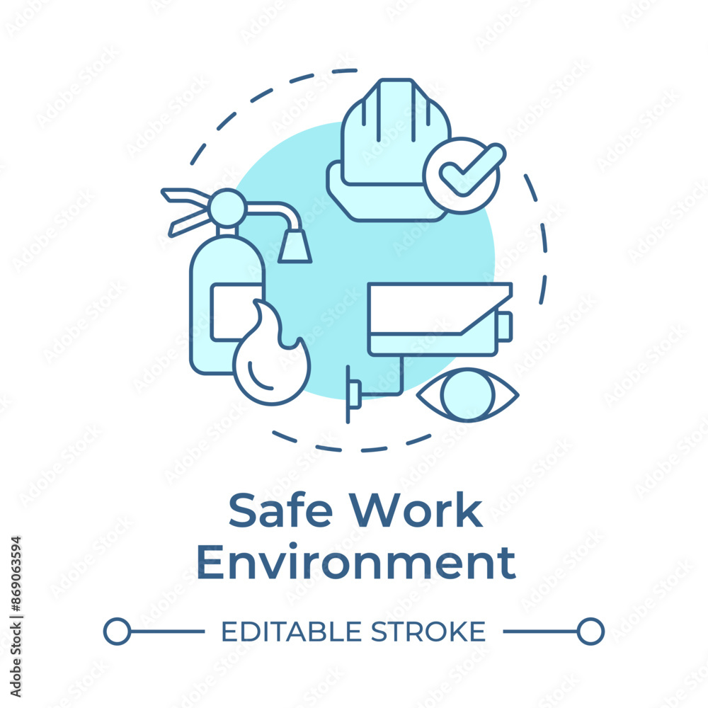 Safe work environment soft blue concept icon. Business surveillance system. Safety equipment. Round shape line illustration. Abstract idea. Graphic design. Easy to use in infographic, presentation Safe work environment soft blue concept icon. Business surveillance system. Safety equipment. Round shape line illustration. Abstract idea. Graphic design. Easy to use in infographic, presentation