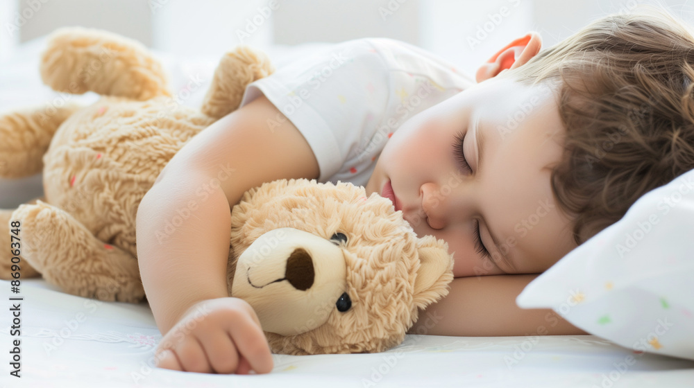 Cozy scene: Baby sleeps with teddy bear in crib, soft lighting on white surface. Emphasizes sleep's role in children's health, great for baby bedding store or children's health campaign ads.
Cozy scene: Baby sleeps with teddy bear in crib, soft lighting on white surface. Emphasizes sleep's role in children's health, great for baby bedding store or children's health campaign ads.